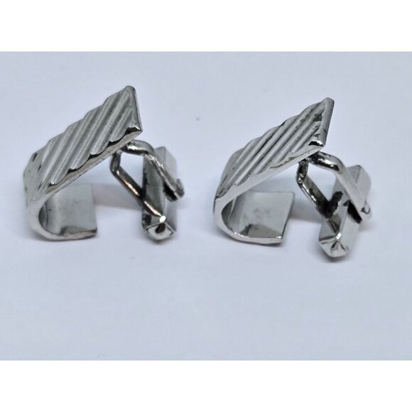 Swank Sterling Silver Cufflinks Curved Rectangular Ribbed Pattern Signed 13.3g - Picture 3 of 8